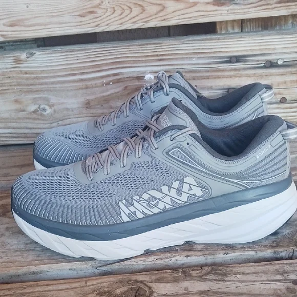 Hoka Bondi 7 Gray and White Athletic Shoes with Maximalist Cushioning - Picture 6 of 14